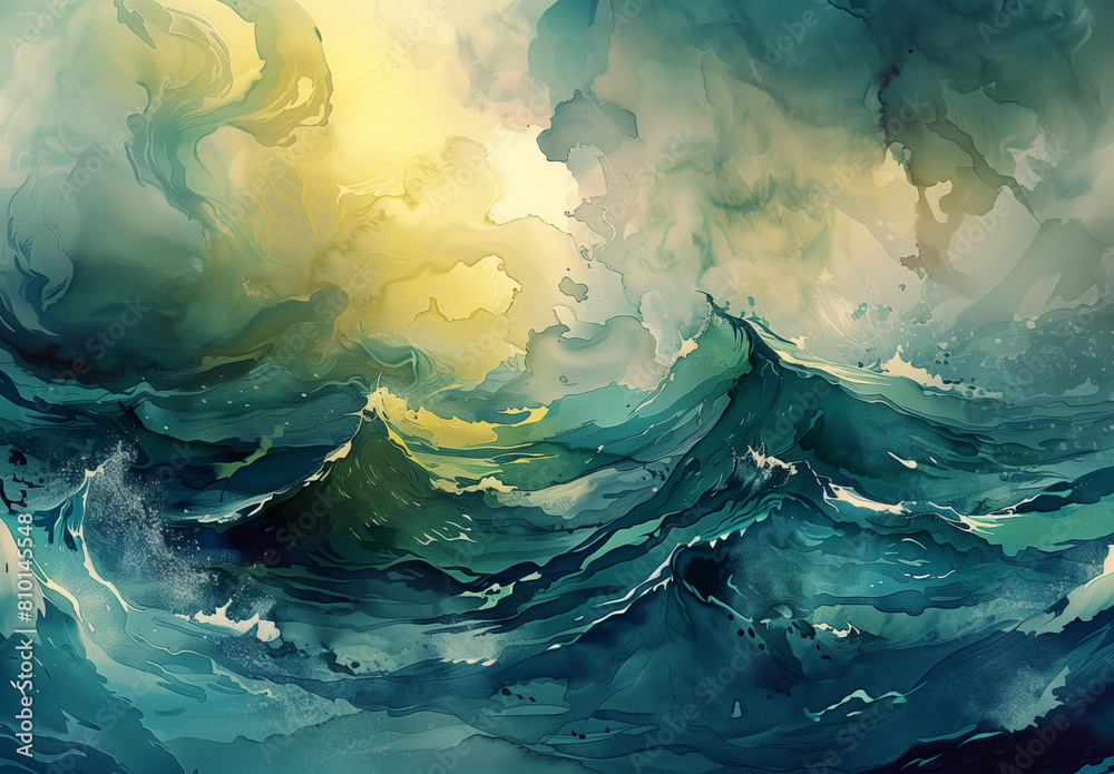 a watercolor painting of a sea with waves and green a watercolor painting of a sea with waves and green