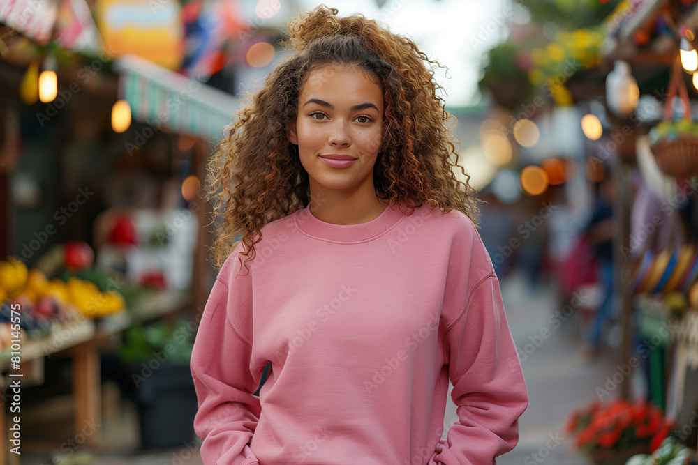 Fototapeta premium Young biracial woman, wearing a pink crewneck sweatshirt at evening farmers market, blurred background, light curly hair with freckles 