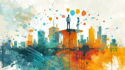 A painting of a city with two people standing on a rooftop. The painting is full of bright colors and has a feeling of happiness and freedom
