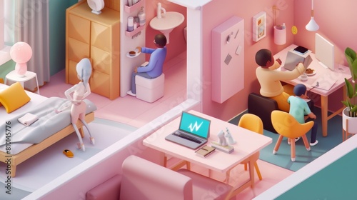 Colorful isometric illustration of modern home life
