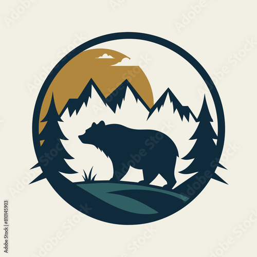 Quadro su tela Negative space of bear and forest vector silhouette