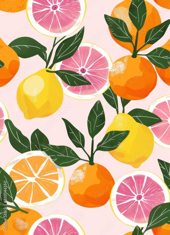 Vibrant citrus fruits pattern on pink background Vibrant citrus fruits pattern on pink background