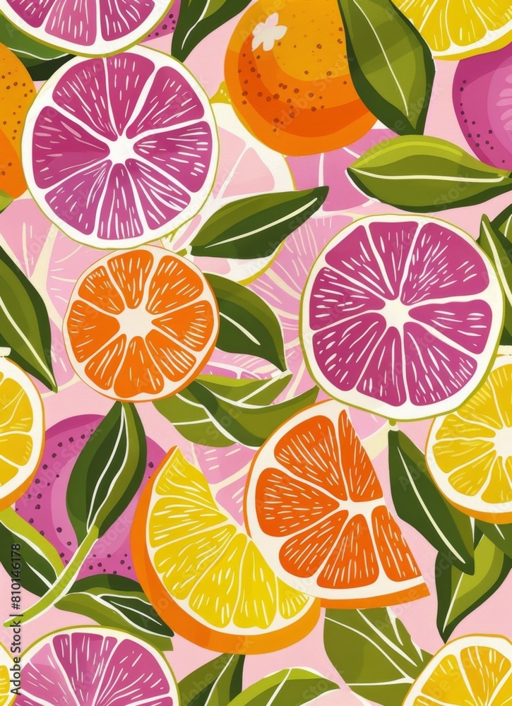Colorful citrus fruit pattern on pink background Colorful citrus fruit pattern on pink background