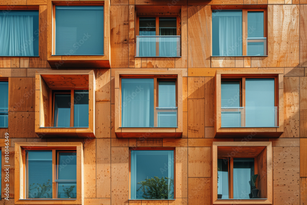 Modern architectural design highlighting the use of timber in creating a sustainable, geometric building facade.. AI generated. Modern architectural design highlighting the use of timber in creating a sustainable, geometric building facade.. AI generated.