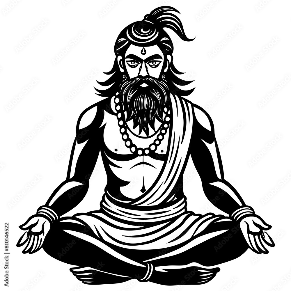 Indian religious male with beard in meditation pose vector silhouette 