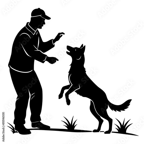 A dog trainer instructing a dog on a field vector silhouette