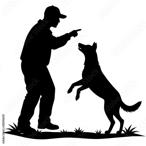 A dog trainer instructing a dog on a field vector silhouette