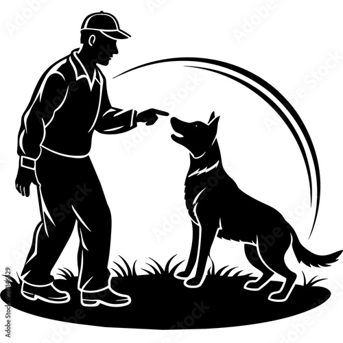 A dog trainer instructing a dog on a field vector silhouette