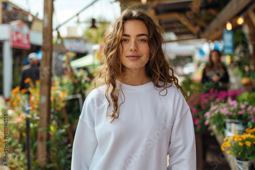 Young woman, wearing a white crewneck sweatshirt at outdoor market, blurred background, long curly hair with freckles dimples