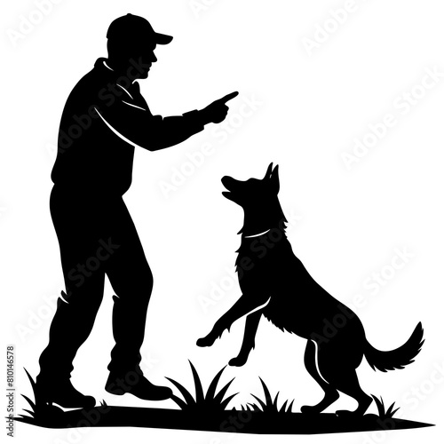 A dog trainer instructing a dog on a field vector silhouette