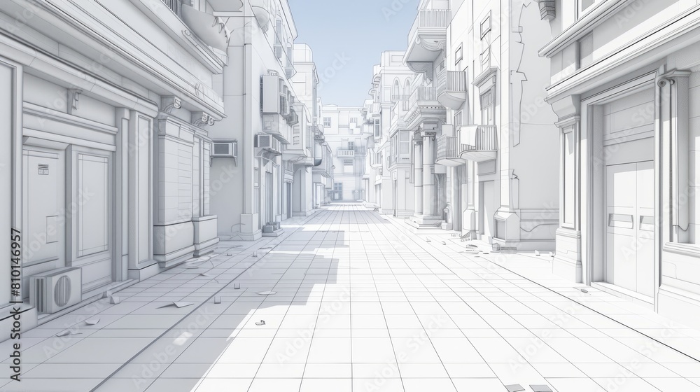 A white street with a few buildings and a few people