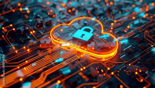 A glowing digital cloud with a padlock icon floating over a circuit board background, symbolizing the security of the Cloud.
