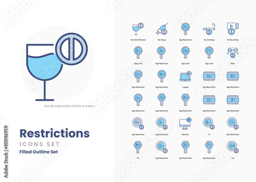 Restrictions icons, age icon concept editable stroke outline icons set isolated on white background flat vector illustration. Pixel perfect. 64 x 64.