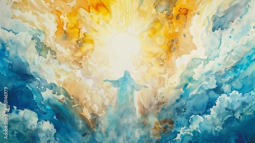 Ethereal watercolor depiction of the ascension of Jesus into heaven surrounded by clouds photo