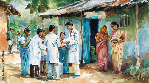 Access to healthcare illustrated by a rural medical camp, doctors and nurses providing essential services to underserved populationsHighly detailed photo