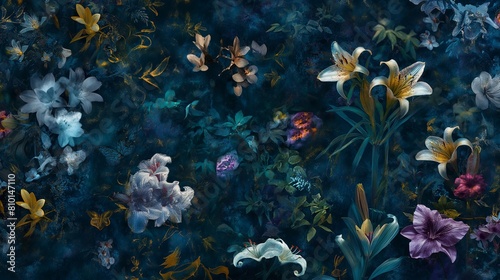 Dark Blue Floral Artwork with Vibrant Flowers and Lush Foliage