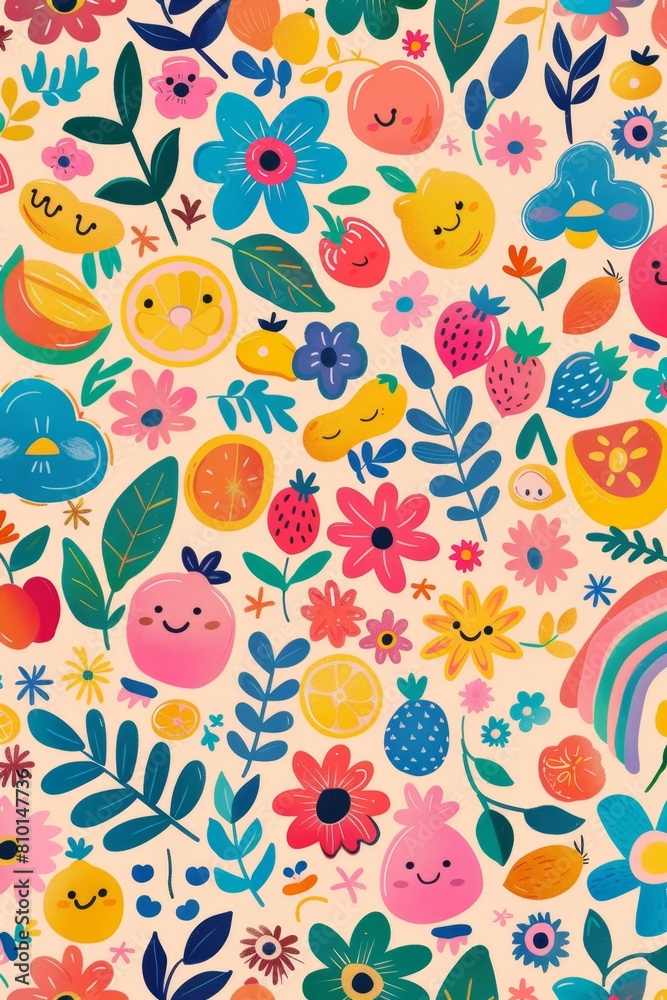 Happy fruits and flowers pattern Happy fruits and flowers pattern