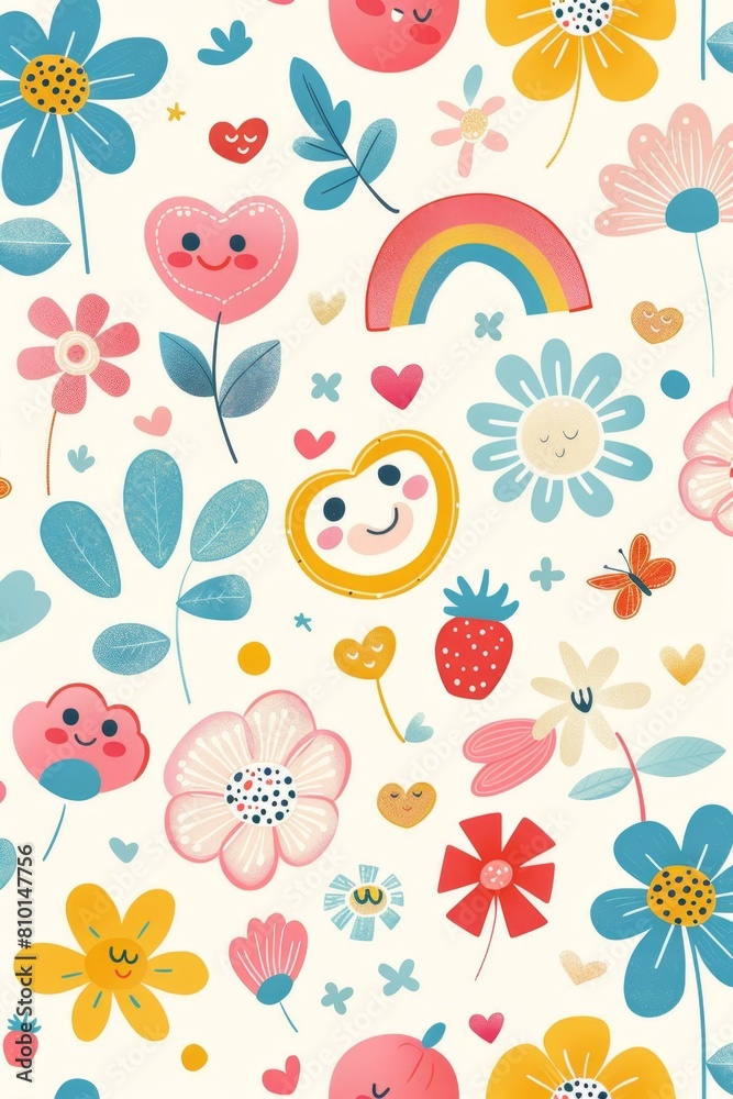 Whimsical floral and cute character seamless pattern