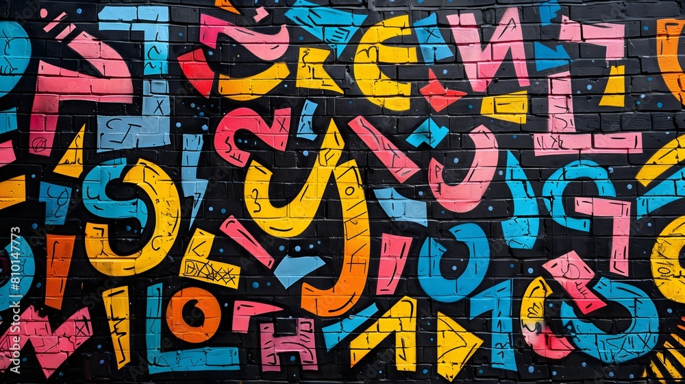 Colorful Alphabet Graffiti Art Covering Urban Wall. AI.