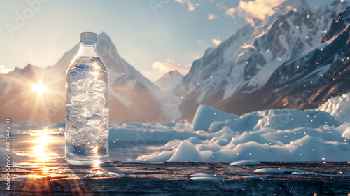 Water bottle on a wooden surface in a snowy mountain landscape during sunset. photo