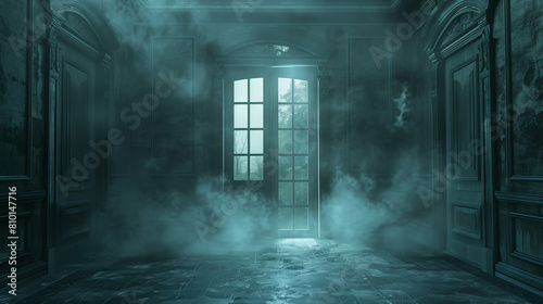 Mysterious misty room with an illuminated doorway.