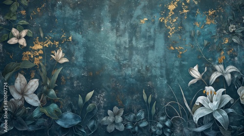 Moody Teal Floral Mural with White Lilies and Subtle Gold Accents