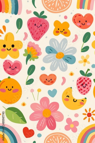 Cheerful cartoon patterns with cute fruits and flowers