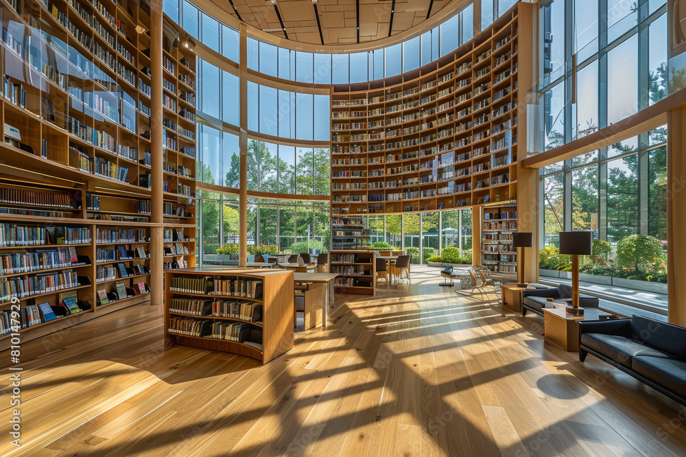 Interior view of a library with expansive use of timber, highlighting natural wood aesthetics and acoustic properties.. AI generated.