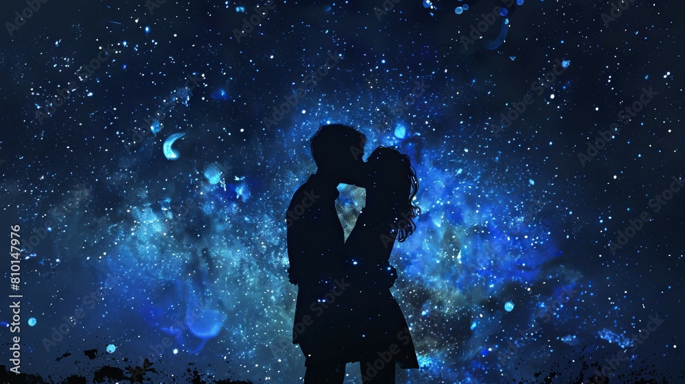 Silhouette of a couple with a cosmic backdrop - A beautiful image featuring a couple in an embrace with a vibrant cosmic background, portraying depth and emotions