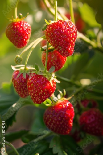 Ripe red strawberries on a branch in the garden