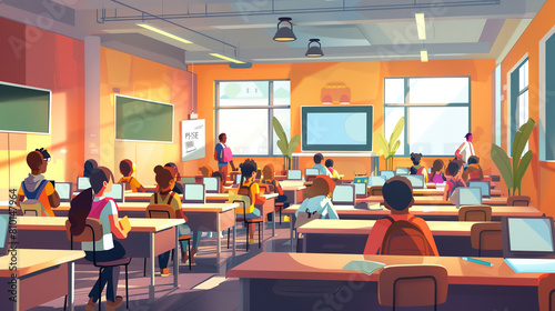 Educational equity in action  a classroom with students of diverse backgrounds using technology to access high-quality learning resources3D vector illustrations