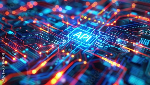 The word API is written in the center of an abstract futuristic background with circuit board patterns and neon lights