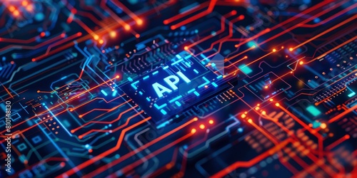The word API is written in the center of an abstract futuristic background with circuit board patterns and neon lights