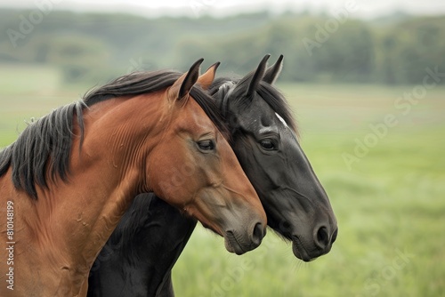 Two horses  one brown and the other black against a green grass background.