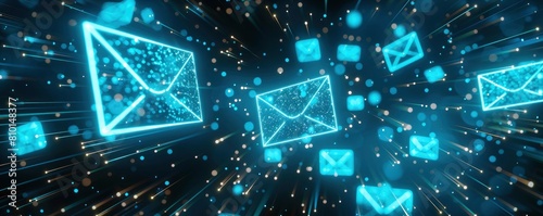 A digital background with glowing blue envelopes floating in the air