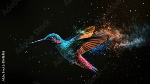 A hummingbird made of colorful powder flying on the dark background.