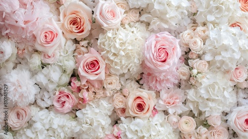 Luxurious Floral Wall with Pink Roses and White Hydrangeas
