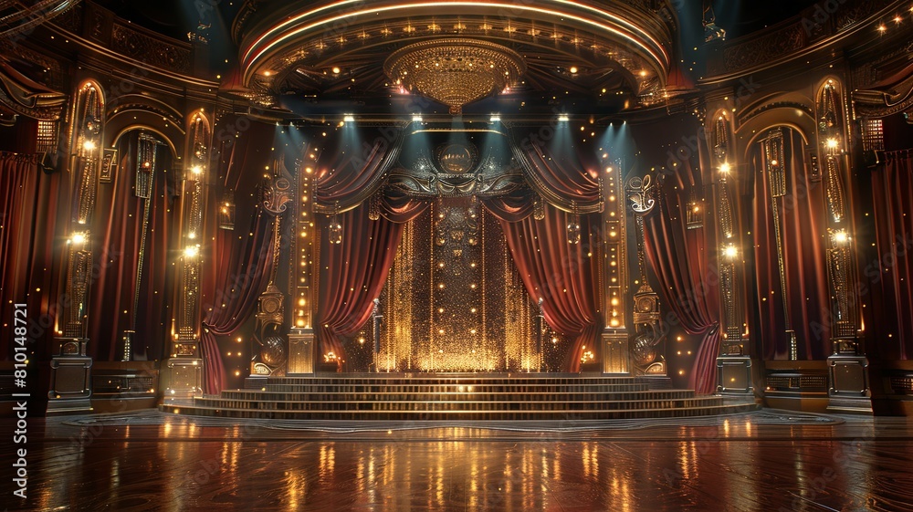 Obraz premium Elegant theater stage with red curtains and lights - A majestic and opulent theater stage with lush red curtains, sparkling lights, and a regal atmosphere inviting prestigious performances