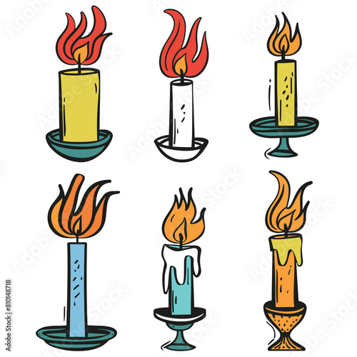 Handdrawn candles burning bright, various designs colors flames flickering light. Colorful illustration, creative simple candlesticks flames art. Doodle style candles, decorative elements cartoon