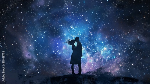 Man playing saxophone in cosmic setting - A man's silhouette playing saxophone that merges with the starry cosmos, highlighting artistic expression