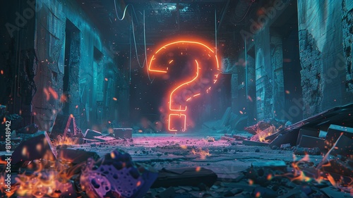 Neon question mark with fire effects - A neon question mark with dynamic fire effects in a futuristic, abandoned urban setting