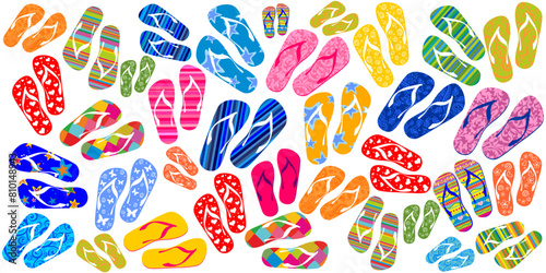 Seamless pattern with colorful flip flops, summer slippers on a white background. Pool shoes background.  Good for textile fabric design, wrapping paper, website wallpapers. Fashion Design 