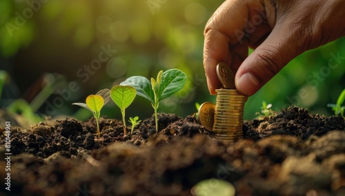 Hand putting stack of coins into growing tree seedlings on soil with blur background