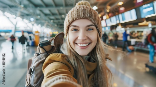 Smiling Woman Taking a Selfie at a Bustling Airport Terminal During Daytime. AI.
