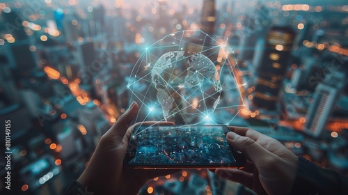 Visualization of artificial intelligence overseeing a smart city connected globally via mobile internet, managing infrastructure and ensuring safety.