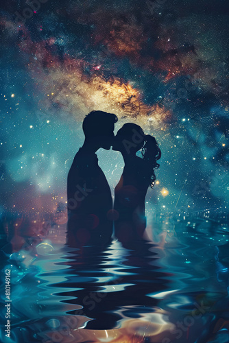Couple kissing under the stars on a lake - A romantic silhouette of a couple kissing reflected on water under a starry night sky, invoking a sense of love and togetherness