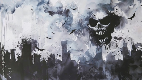 Abstract skull and bats in smoky cityscape - A skeletal skull amidst bats and smoke over a city outlines - a monochromatic abstract art piece
