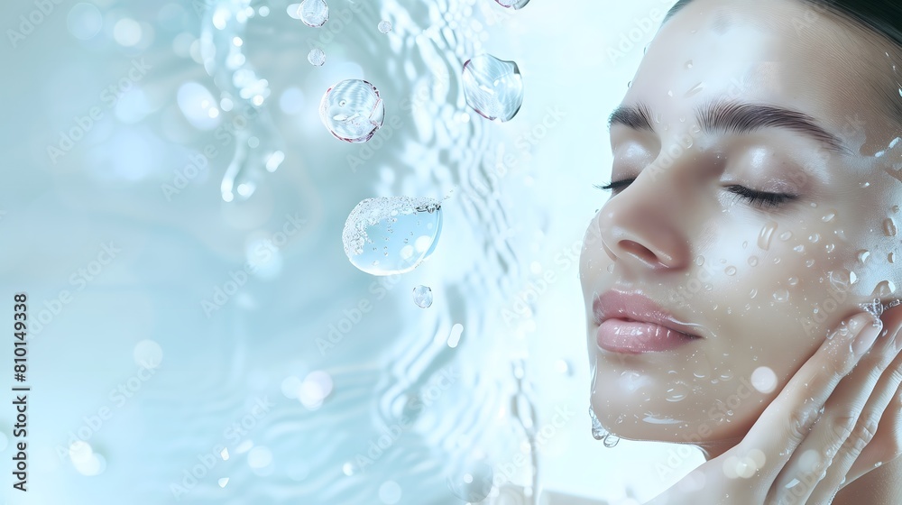 A serene woman with closed eyes exhibits a relaxed expression while water droplets cascade over her smooth skin, conveying a sense of purity and refreshment in a calm setting. AI. A serene woman with closed eyes exhibits a relaxed expression while water droplets cascade over her smooth skin, conveying a sense of purity and refreshment in a calm setting. AI.