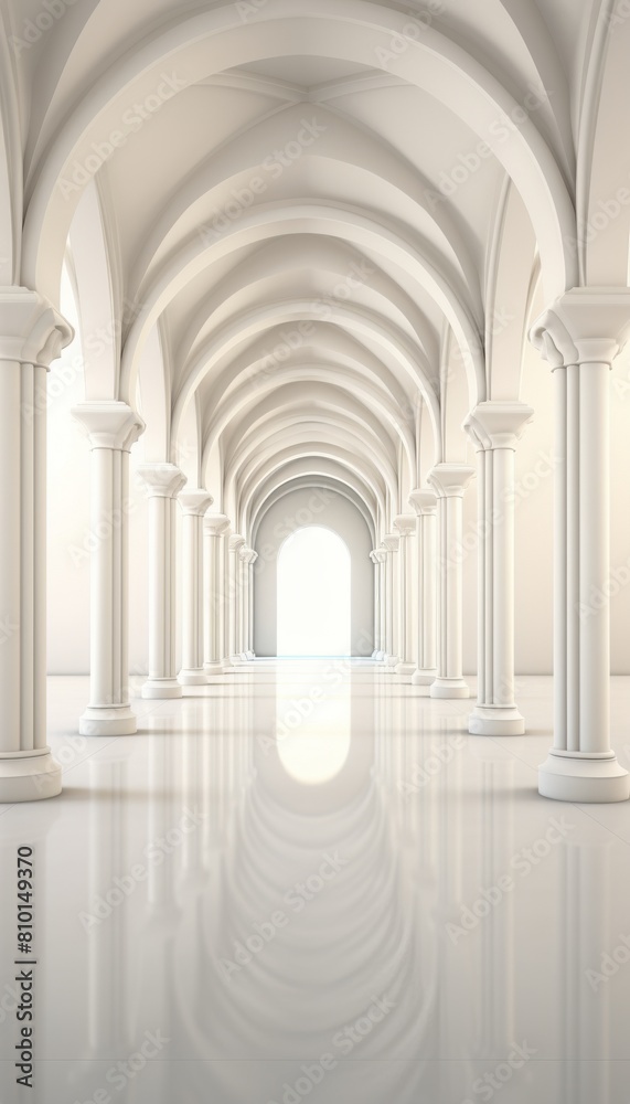 Long White Hallway With Columns and Arches