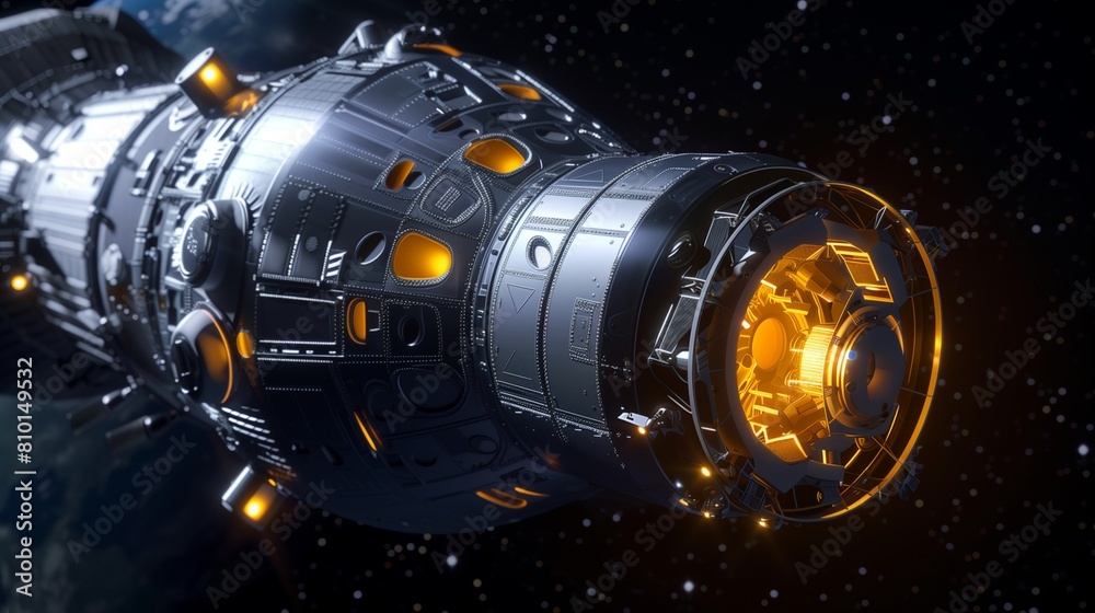 Sleek Silver Spacecraft Docking Interface, Illuminated by Soft Yellow Lights, in Orbit